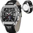 OLEVS Mens Watches Analog Quartz Chronograph Square Dress Watch For Man Stainless Steel Or Leather Band Waterproof Luminous Date Male Watch (Black Leather&Silver Black)