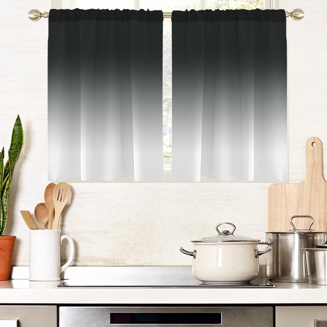AAtter Black and Grey Window Curtains Kitchen White Gray Ombre Mens Modern Art Goth Gothic Small Short Home Living Room Bedroom Bathroom Drapes Treatment Tiers Fabric 1 Pair, 27.5" W x 39" L, Gradient