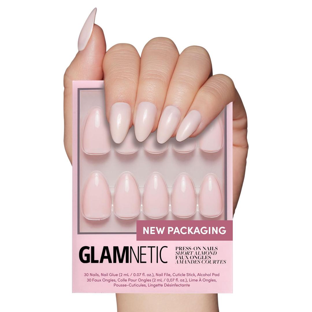 Glamnetic Press On Nails - Ballet Pink | Solid Opaque Light Blush Pink Short Almond Fake Nails, Salon Quality | 15 Sizes - 30 Nail Kit with Glue