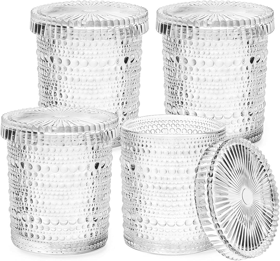 Bathroom Organizers and Storage, 4 pack Glass Qtip Holder, Bathroom Jars with Lids, Vanity Organizer for Cotton Rounds, Balls & Floss Picks, Qtips, Vanity & Makeup Bathroom Canisters with Lids (Clear)