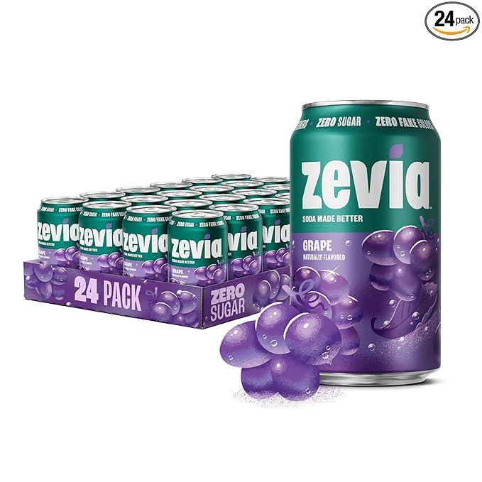 Zevia Zero Sugar Soda, Grape, 12 oz Cans (24-Pack) – Naturally Sweetened, Zero Calorie Sugar Free Soda - Non-GMO Project Verified, Gluten-Free, Vegan (Best Before 11/21/2027)