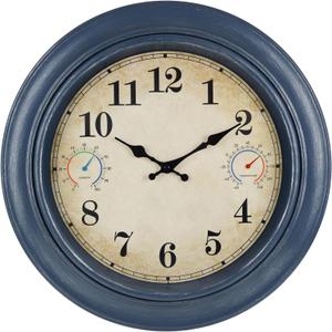 18 Inch Large Outdoor Wall Clock with Thermometer & Hygrometer, Waterproof Retro Blue Garden Clock for Patio, Pool, Backyard, Farmhouse Decor, Silent Non-Ticking
