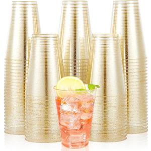 JOLLY CHEF 100 Pack 14 oz Gold Plastic Cups, Disposable Gold Glitter Plastic Cups, Clear Plastic Cups Tumblers, Wedding Cups Party Cups,Ideal for Halloween,Thanksgiving,Christmas (14-Glitter-100)