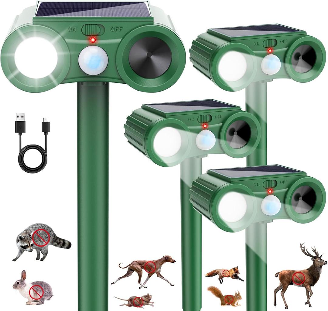 2026 Solar Ultrasonic Animal Repellent Outdoor 4 Pack Deer Squirrel Deterrent with Motion Sensor & Flashing Light, Sonic Racoon Fortress Pro Repeller to Keep Cat Rabbit Dog Out of Yard & Garden