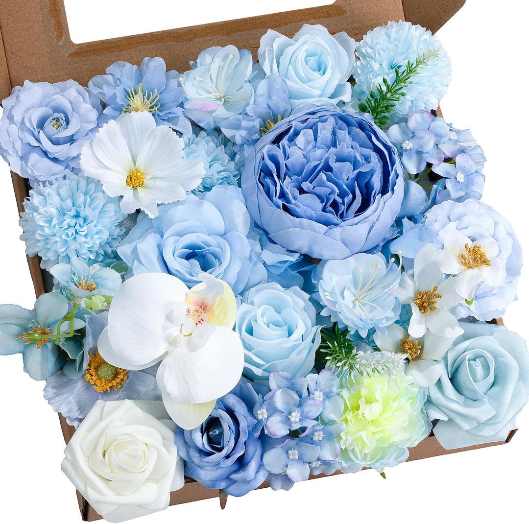 Artificial Flowers Combo Baby Blue Flowers Mix Roses Peonies Hydrangea Orchids Poppy Daisy with Floral Stems for Wedding Bridal Bouquets Baby Shower Floral Arrangement Table Centerpieces Home Decor