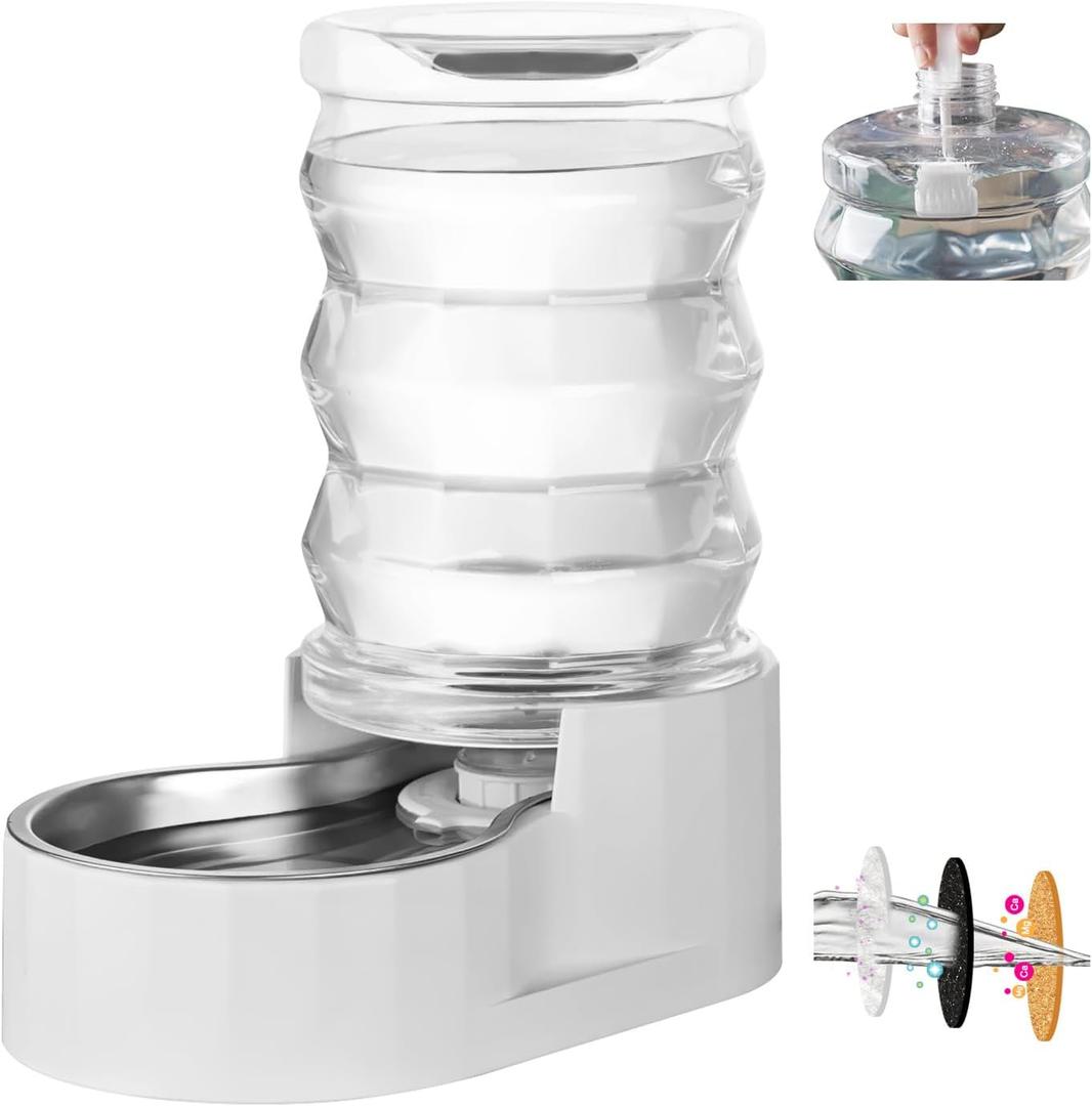RIZZARI Automatic Gravity Pet Waterer: 7L White Stainless Steel Water Dispenser - Large Capacity with Triple Filter and Specialized Brush for Senior Dogs with Spinal Issues - for Living Room Bedroom