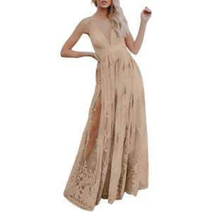 Dokotoo Womens Formal Dresses Deep V-Neck Embroidered Lace Mesh Evening Party Prom Dress Long Wedding Dress (Small, Apricot)