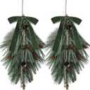 Shihanee 2 Pcs 24" Christmas Teardrop Swag Rustic Door Swag Teardrop Wreath Artificial Norfolk Pine Hanging Garland Greenery with Bell Velvet Bow for Outdoor Mantle Fireplace (Green,23.6 Inch)