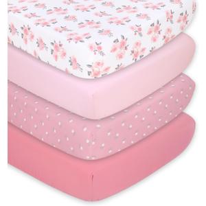 The Peanutshell 4-Pack Fitted Crib Sheet Set - Super Soft & Breathable Baby Girl Crib Sheets, Nursery Decor, Fit for Standard Mattress Cover- Floral