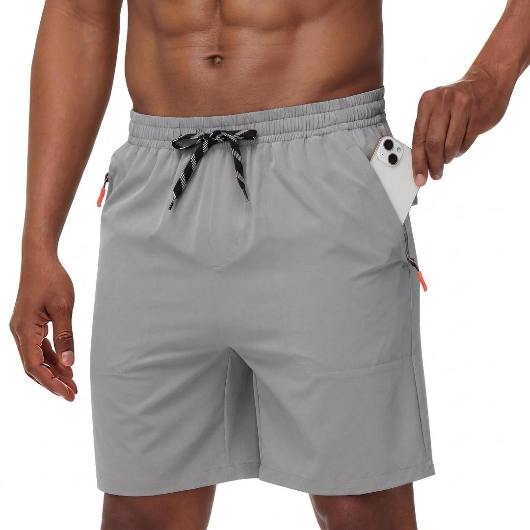 Men's Casual Hiking Athletic Shorts Khaki Board Hybrid Drawstring Elastic Waist 7 inch Quick Dry Lightweight Stretch (Gray, L)