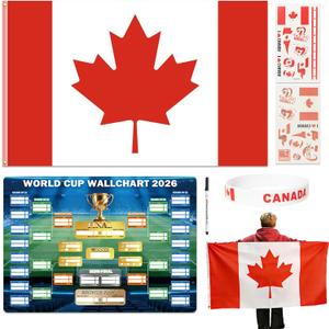 2026 Soccer Fan Accessories with Large 3 x 5 ft Flag, World Cup Bracket Poster, Stickers, Marker & Bracelet, World Cup Decorations Fan kit for Soccer Watch Party, Stadium and Home Cheering(Canada)