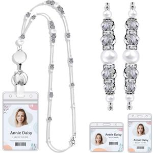Teacher Lanyards for ID Badges and Keys, Beaded Retractable Reel Badge Lanyards with ID Holder for Women, Graceful Pearls and Crystals (Electroplated Grey)