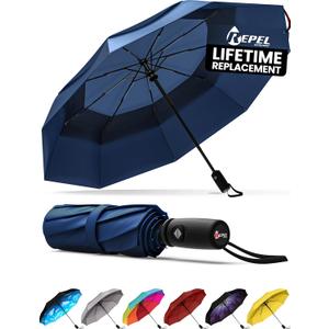 REPEL Windproof Travel Umbrella - Compact & Withstands Winds up to 85MPH , Strongest Premium Auto Folding Umbrella for Rain and Sun - Durable, Light & Portable for Women & Men , Fits Backpack & Cars (Navy Blue)