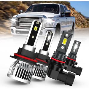 LED Bulbs combo, compatible with (2001-2004) FORD F-250 / F-350 / F-450 / F-550 LED Bulbs combo, 9007/HB5 High/Low Beam Bulbs +9145 LED Fog Light Bulbs, Pack of 4