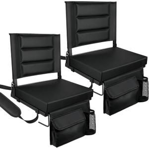Stadium Seats with Back Support,Bleacher Chairs with Cushion, Portable Folding Stadium Chair with Removable Cushion and Large Pocket for School Events Sports Game(Black 2 Pack), 16.4"w X 11.4"d X 15.6"h