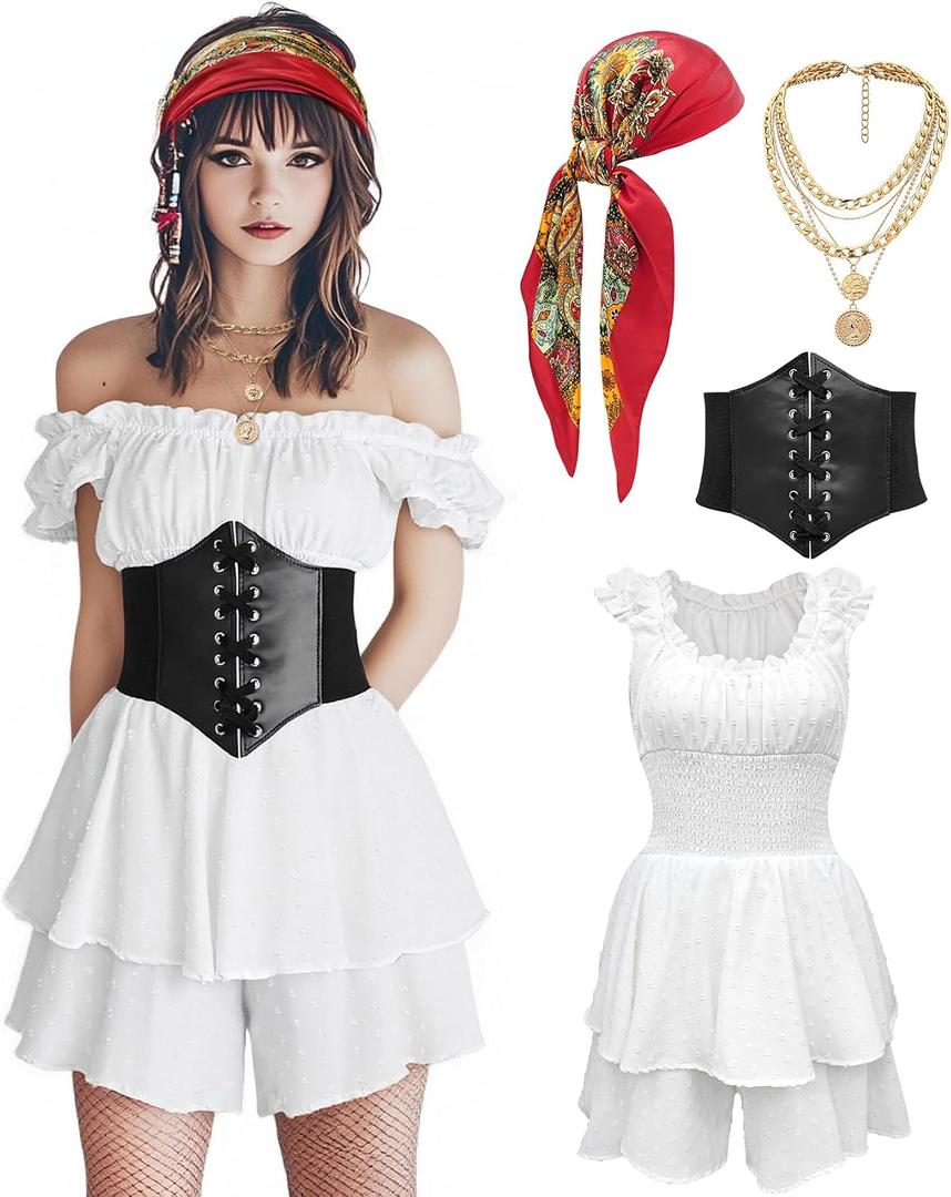 Womens Pirate Costume Dress Pirate Costumes Outfit for Women with Headscarf Corset Accessories 4PCS, Small