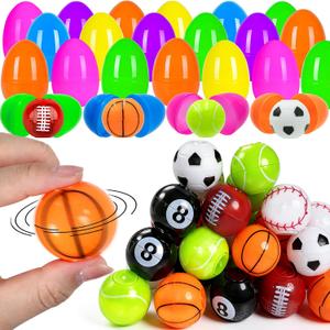 24 PCS Sports Stress Balls Filled Easter Eggs, 6 Styles Mini Sports Balls with 24 Colorful Easter Eggs, Perfect Basket Stuffers for Kids Hunt Games, Party Favors and Goodie Bag Fillers