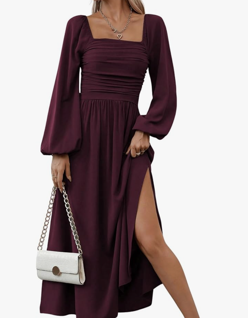 Floerns Women's Square Neck Lantern Long Sleeve Dress Split Ruched Party Midi Dresses Large