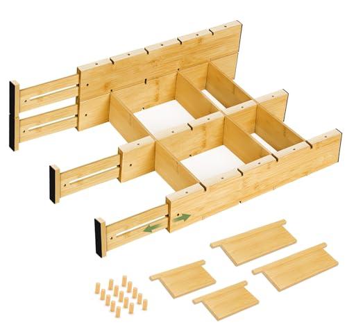 Bamboo Drawer Dividers 4PCS with Inserts, Expandable Kitchen Utensil Drawer Organizers,Adjustable drawer organizer for deep drawers Dresser Closet Underwear Storage Bedroom Bathroom Drawers(16.6"-22")