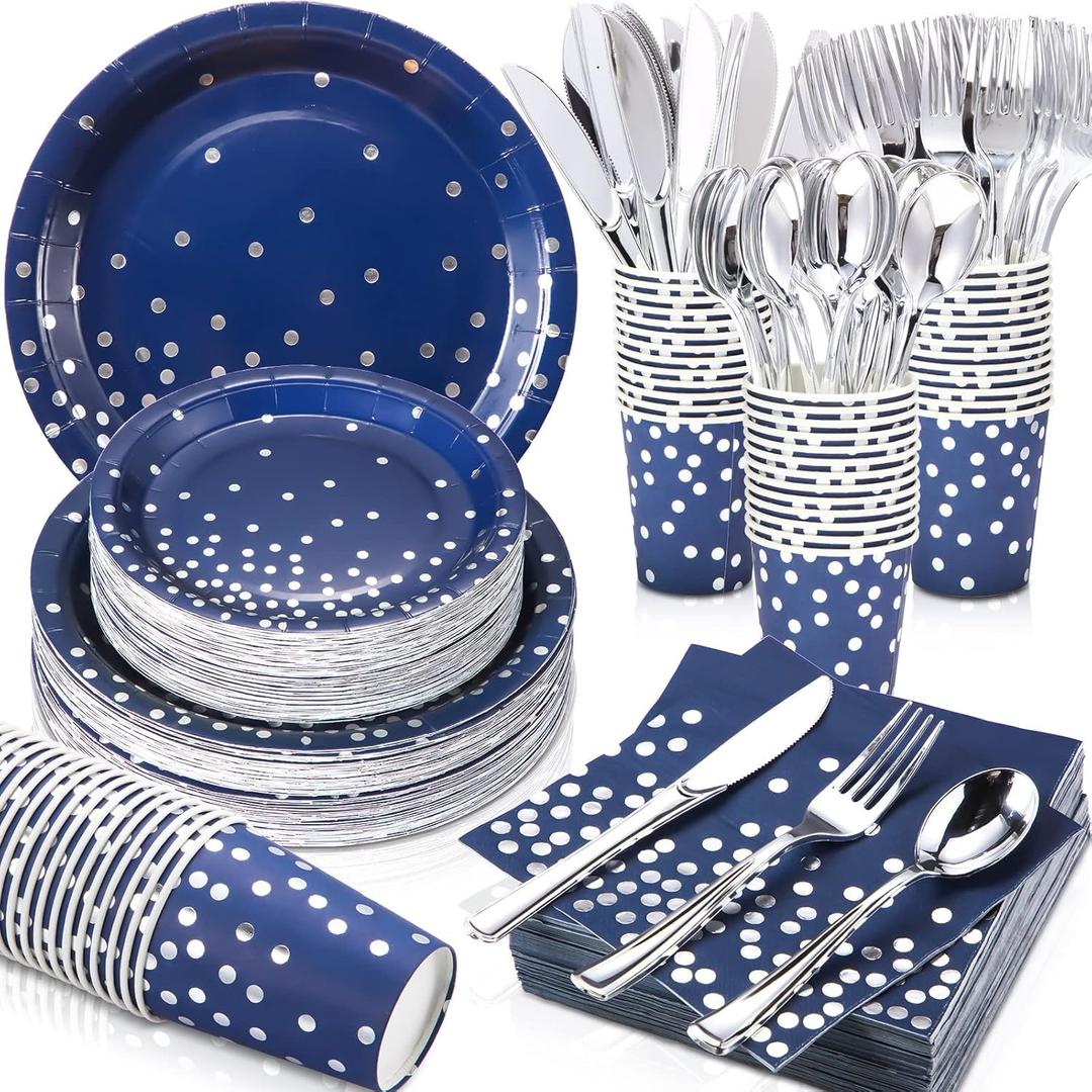 560 Pcs Navy Blue and Silver Party Supplies for 80 Guests Disposable Dinnerware Sets with Blue Paper Plates Napkins Cups Silver Forks Knives Spoons for Graduation Birthday Retirement Wedding Party