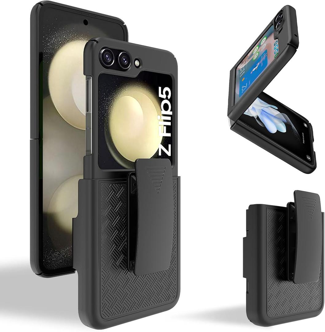 Ailiber for Samsung Galaxy Z Flip5 Case, Galaxy Z Flip 5 Phone Case Holster with Back Screen Protector, Swivel Belt Clip, Kickstand Holder, Full Body Shockproof Shell Cover for Samsung Z Flip5-Black