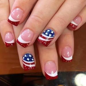 24Pcs 4th of July Press on Nails Short Square French Tip Fake Nails with Glitter Glue on Nails American Flag Acrylic Nails Independence Day False Nails Patriotic Nail Tips Stick on Nails for Women Set of 4