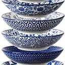 Selamica Porcelain 40oz Large Bowls 9 inch Big Pasta Salad Bowls, Microwave and Oven Safe, Vintage Blue, Set of 4