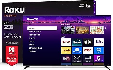 Roku Smart TV – 65-Inch Pro Series, Mini-LED TV – RokuTV with Backlit Voice Remote Pro – Flat Screen 4K QLED Television with 120Hz Refresh Rate & Dolby Vision IQ, Live News, Sports, Entertainment