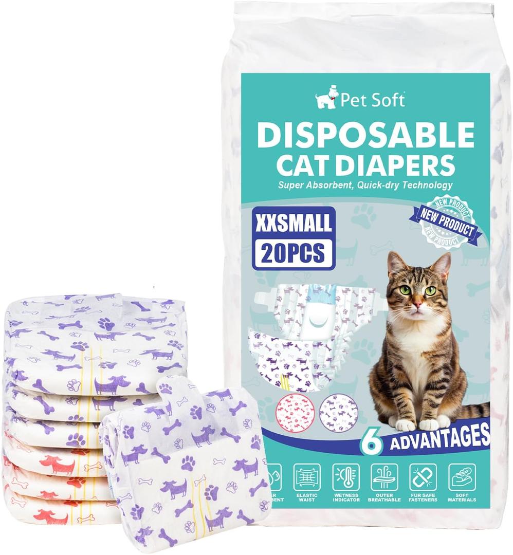Pet Soft Disposable Cat Diapers - Puppy Diapers for Female & Male Cats with Wetness Indicator, Super Absorbent, Fit for Pet in Heat or Incontinence, 20pcs , XXS, Mixed 