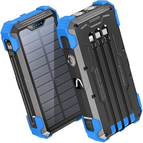 GOODaaa Portable Charger 42800mAh Built in 4 Cables and Thermometer 15W Fast Charging Power Bank Five Outputs Three Inputs Solar Charger Power Bank, SOS/Strobe/Strong Flashlights, Carabiner