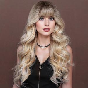 Lativ Ombre Blonde Wig With Bangs Long Wavy Curly Blonde Wig with Dark Roots Heat Resistant Synthetic Wigs for Women Daily Use 26 Inches