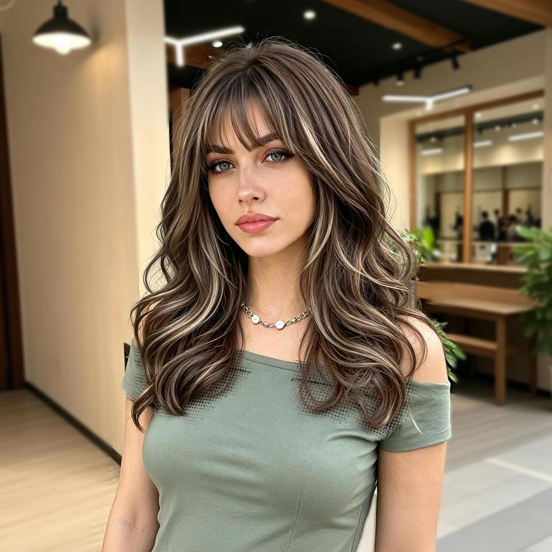 Wig with Bangs for Women 4x4 Realistic Scalp Layered Hairstyle Brown Blonde Highlight Medium Length Wavy Synthetic Heat Resistant Glueless Hair Wig for Daily Party Use 18 inch