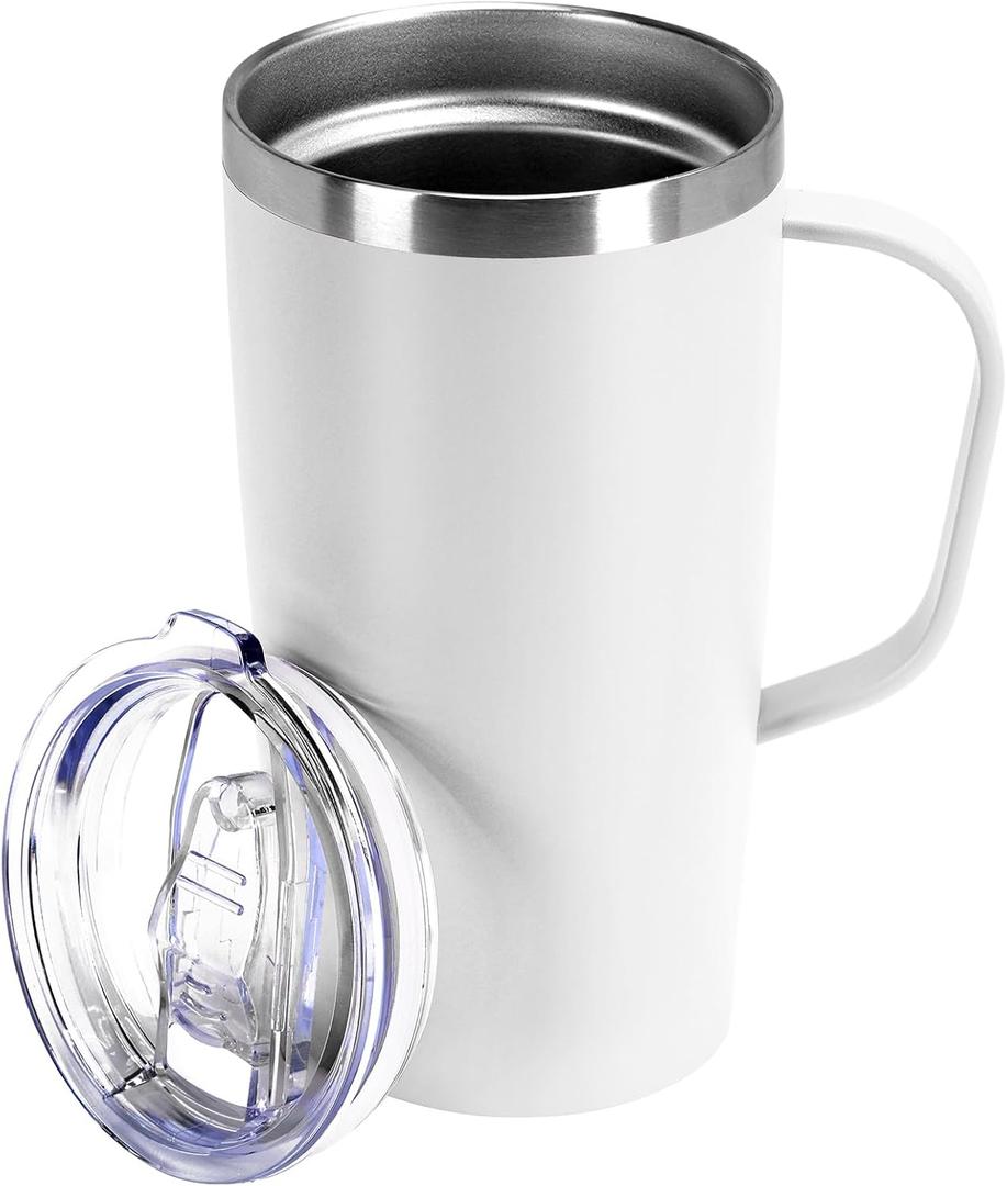 MEBRUDY 19oz Insulated Coffee Mug with Lid, Leak Proof Double Wall Vacuum Travel Coffee Mug with Handle, White