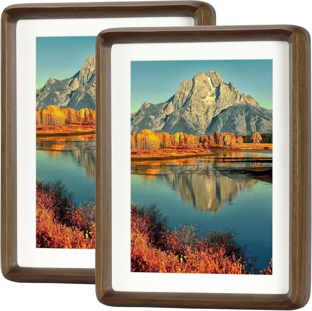 HELPLEX 5x7 Premium Picture Frame Set of 2 - Solid Walnut Wood with HD Tempered Glass, Convertible 4x6 Matted or 5x7 Frameless Display, Wall or Tabletop Frames - Home Gallery, Memories Made Easy