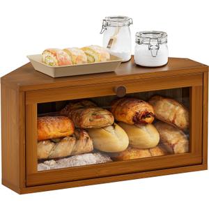 WOWLIVE Corner Bread Box for Kitchen Countertop, Large Bamboo Bread Storage Container for Homemade Bread, Farmhouse Bread Holder with Window, Multi-functional Container, Caramel