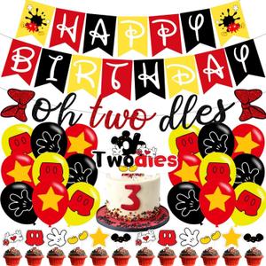 2 x Oh Twodles Banner ,Happy 2nd Birthday Party Decor for Girls Boys - Cartoon Mouse Second 2nd Birthday Theme 2 Party Decorations Supplies