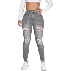 SweatyRocks Women's Casual High Rise Ripped Jeans Zipper Fly Skinny Denim Pants (Medium, Light Grey)