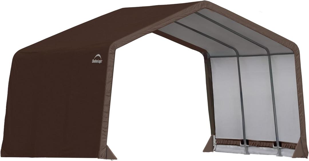 ShelterLogic 12' x 12' x 8' 3-in-1 Outdoor Loafing Shed Animal Shelter with Waterproof Cover, All-Weather Outdoor Storage Shed for Animals, Agriculture, and Farm Equipment, Brown