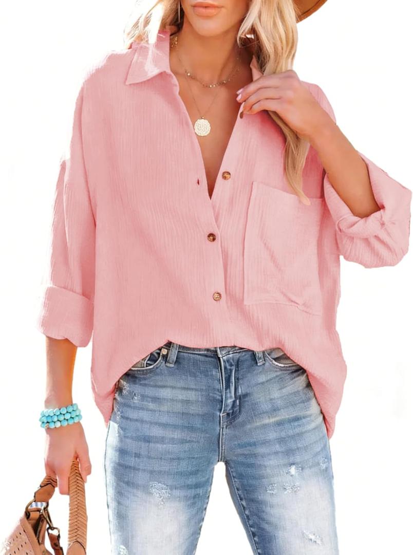 Oversized Button Down Shirts for Women Cotton Boyfriend Long Sleeve Work Blouses Tops (XL)