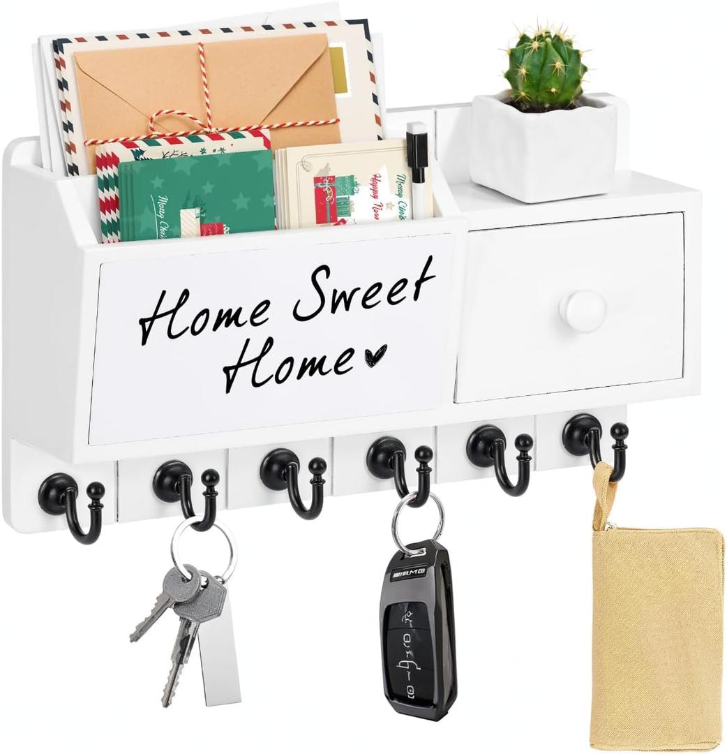 RELBRO Key Holder Wall Mount, Wooden Mail and Key Organizer with Whiteboard Mail Key Holder with Drawer Key Rack with Shelf 6 Key Hooks for Entryway Doorway Hallway White