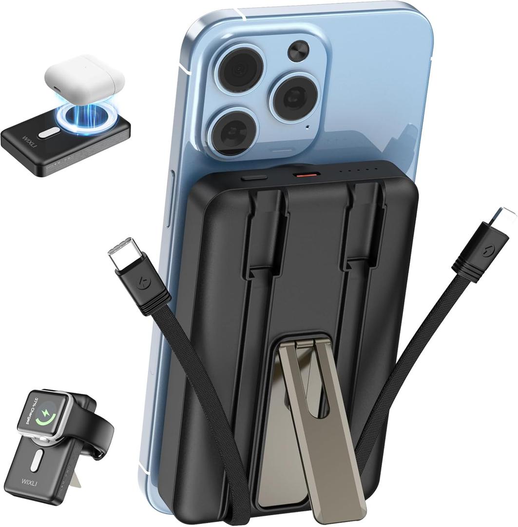 Wireless Portable Charger, 3-in-1 Magnetic Power Bank 10000mAh with USB-C/iOS Cable and Stand, 22.5W Fast Charging Battery Pack, Compatible with iPhone 16/15/14/13/12/Pro/Mini/Pro Max (Black)
