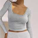 WDIRARA Women's Striped Tee Shirt Ribbed Long Sleeve Slim Fit Crop Tops (S)