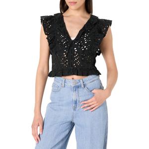 The Drop Womens Margo Tie Front Ruffle Detail Sleeveless Blouse (Black, Extra Small)