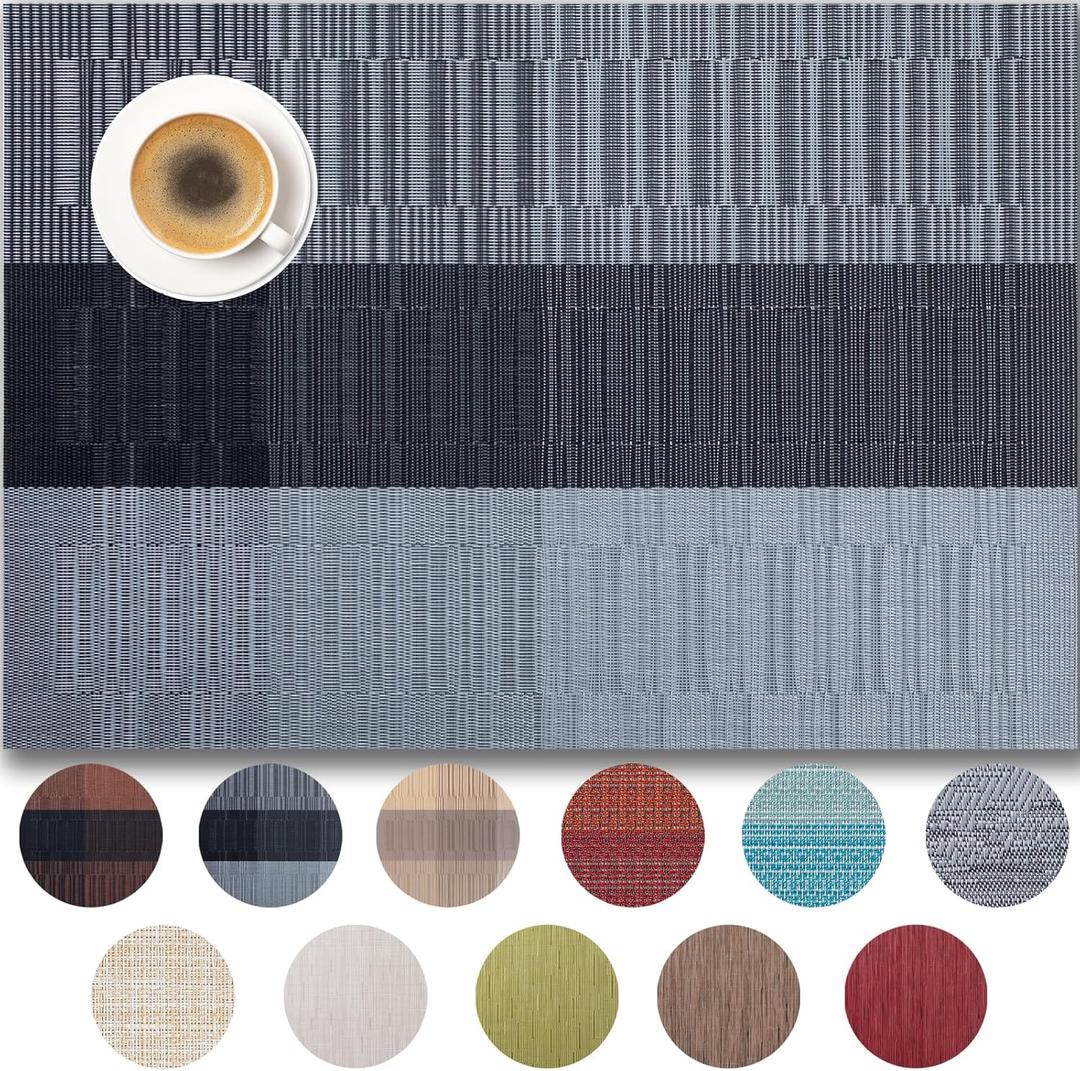Placemats Set of 8 - Easy Clean Woven Vinyl Placemats for Dining Table, Indoor/Outdoor Place Mats, Washable PVC Table Mats Silver Gray Black