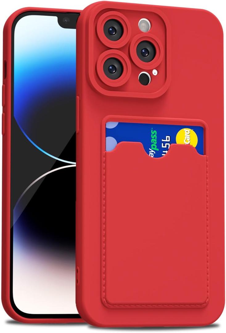 for iPhone 14 Pro Case with Card Holder Slim, Thin Silicone Wallet Phone Case with Credit Card Slot for Women Men, Soft Rubber Gel TPU with Pocket Shockproof Camera Cover, Red