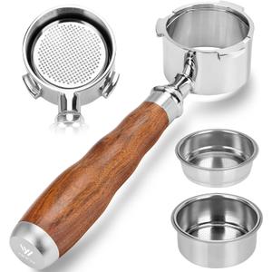 51mm Bottomless Portafilter 3 Ears with 2 Filter Baskets(Single+Double Shots), 100% Stainless Steel Portafilter Compatible with De-longhi Dedica EC680, EC685 & EC885 Espresso Machine,Walnut Handle
