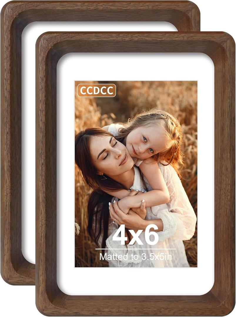 4x6 Picture Frame Set of 2, Natural Walnut Wood Solid Wood 4 by 6 Photo Frames with 3.5x5 Mat with Real Glass for Wall and Tabletop Display