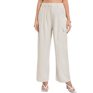 Famulily Womens Pleated Cargo Pants Summer Wide Leg Linen Trousers Casual Loose Pants Beige XXL (XXL)