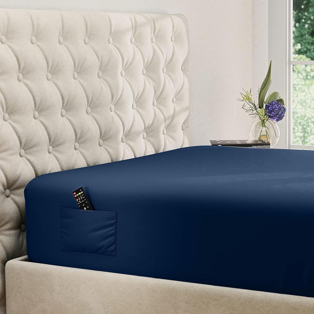 DREAMCARE King Fitted Sheet Only - Extra Deep Pocket Fitted Sheet - Fits up to 21 inch Mattress - Deep Pocket King Sheets - Hotel Luxury - Shrinkage & Fade Resistant - 1 Fitted Sheet Only (Navy Blue)