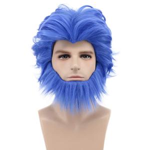 karlery Men Short Wave Blue Moustache Wig Halloween Cosplay Wig Anime Costume Party Wig